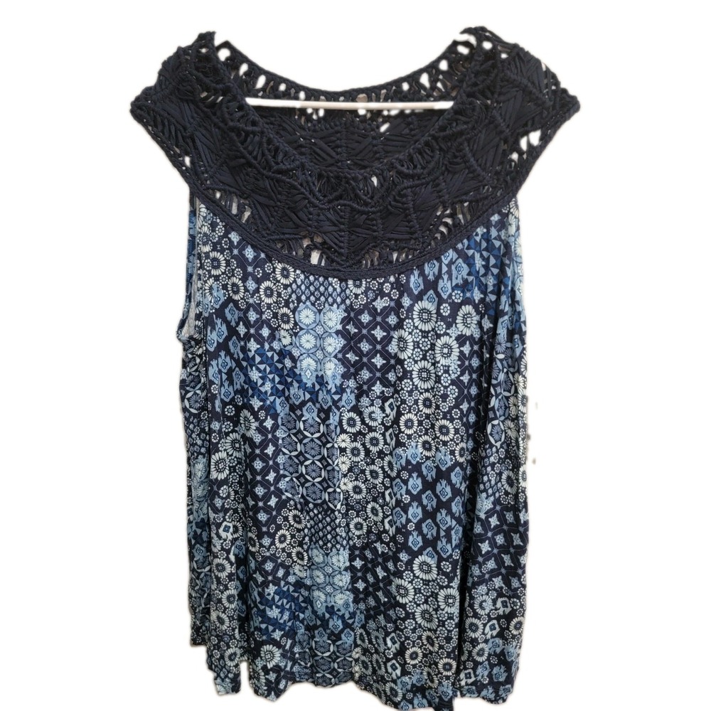Terra And Sky Blue Print Macrame Neck Swing Top Shirt Womens Plus 3X 24W-26W NWT